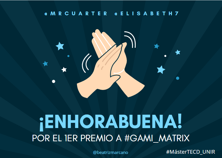 beatrizmarcano's tweet photo. .@elisabet7 .@MrCuarter
Aplausos por la buena práctica docente en el aula virtual y mi reconocimiento por el gran trabajo que hay por detrás. ¡Enhorabuena por el premio! #buenasprácticas #aulasvirtuales #MásterTECD_UNIR #Gami_Matrix https://t.co/GG94zQg4lv