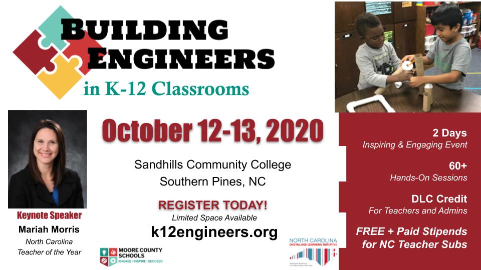 We are thrilled to announce our newly rescheduled and revamped conference for this fall!  We're now expanding to all K-12 classroom audiences.  This is a FREE conference + Paid Teacher Subs for NC Teachers.  Find out more and register now at k12engineers.org/2020-conference !  #NCEd