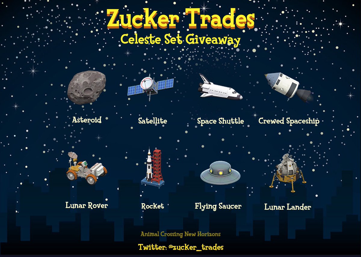 Zucker4life's tweet photo. ROUND 3 :
CELESTE SET GIVEAWAY!
4 DAYS✨

To Enter :
•Retweet
•Follow 🐙

I WILL PICK 3 WINNERS
🤯🤯🤯
Winners will receive all 22 items from the Celeste Set!! 🤩🌟🤩

get my attention in the comments for surprises 🥳
#ACNH   #ACNHTRADE #acnhtrades #ACNHgiveaway #animalcrossing https://t.co/WqkJXGeGfA