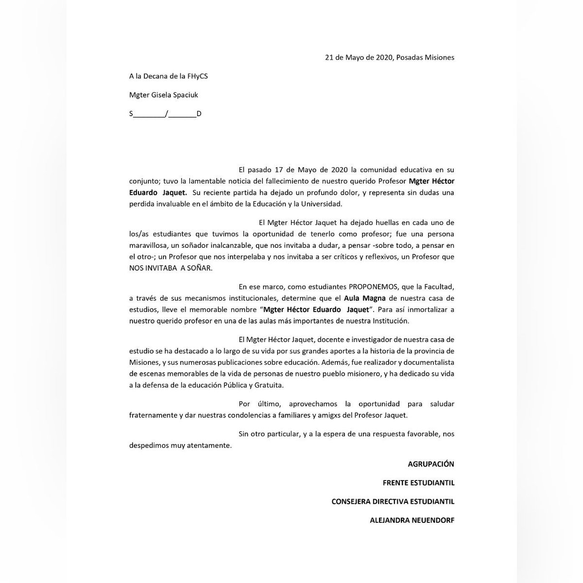 FEstudiantil's tweet photo. Enviamos nuestra propuesta a la Decana de la facu para que la Institución determine, a través de sus mecanismos, que el AULA MAGNA lleve el nombre de "MGTER. HÉCTOR EDUARDO JAQUET"
Para así, inmortalizar a nuestro querido Profesor en una nuestras aulas más importantes. https://t.co/4aC1m99fQG