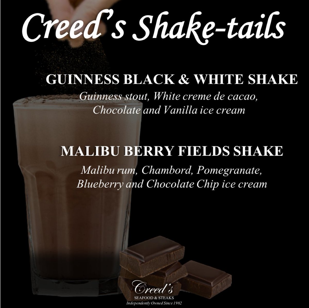 Creedskop's tweet photo. Shake it up a little this weekend with Creed's new #bar feature... Shake-tails! 🍨 $7.00
#shaketails #adultmilkshakes #mdw https://t.co/7PCQ0exb13