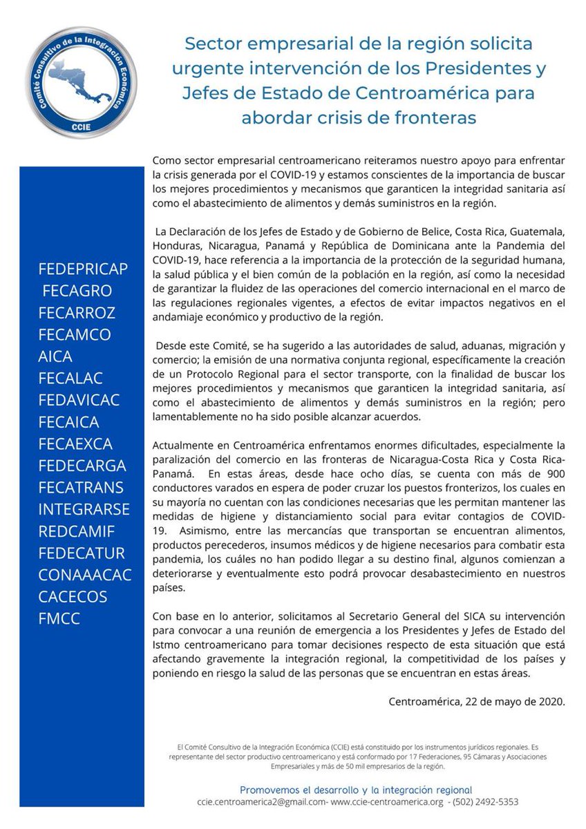 Sector empresarial organizado regional hace un llamado a los jefes de estado y ministros de #Centroamérica para atender de manera urgente la situación que se vive en fronteras de #CostaRica al no permitir el ingreso de al menos 900 camiones, que llevan productos esenciales.
