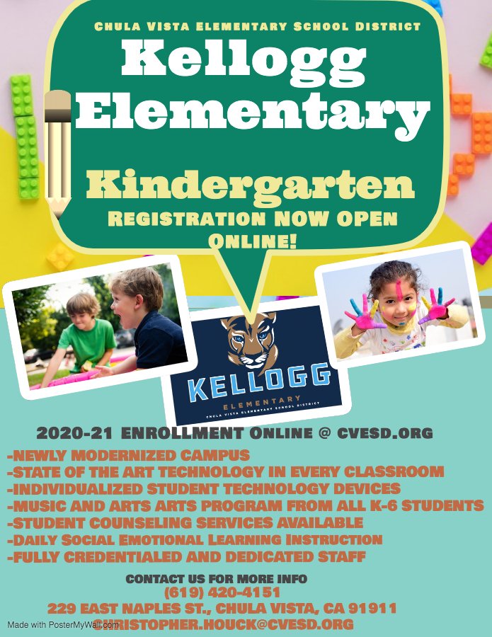 MsMehta13's tweet photo. Kindergarten Registration @ Kellogg Elementary School in #cvesd is now open online! https://t.co/N8KmW6R5km