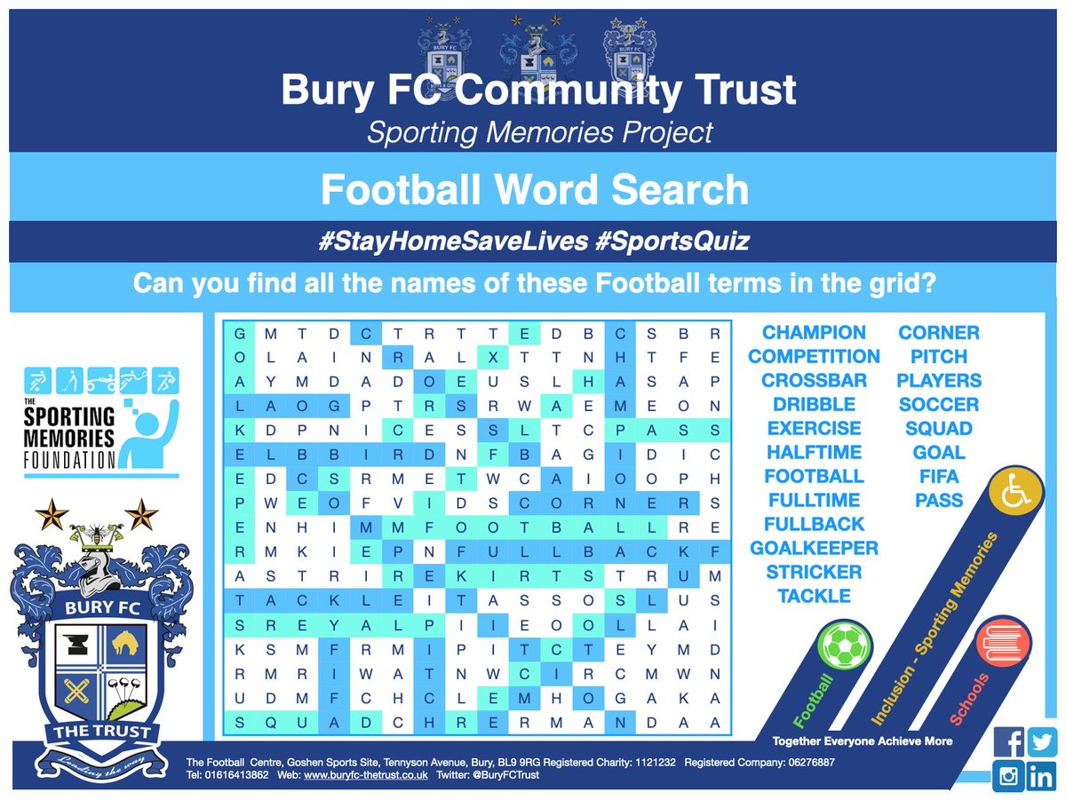 BuryFCTrust's tweet photo. 📣 ANSWERS 📣

So did you find all the footballing terms? Hope you enjoyed it and see you next week.👍

If you want more sign up for @SportsMemNet #SportingPink visit: https://t.co/jXAZEoaEAU

@BuryRelics @SMN_Manchester @BuryFCWV @BuryFCBoysGirls @BuryLiveWell @gmwfladmin https://t.co/Jwf12UXgUV