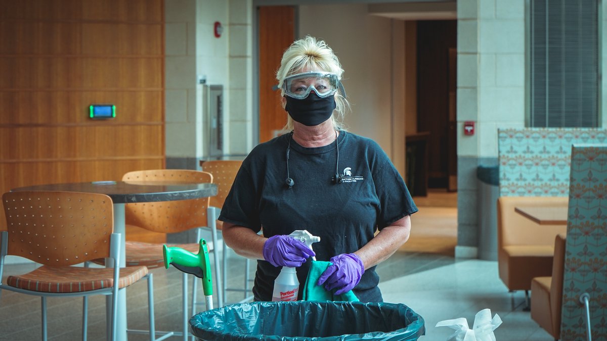 facilitiesmsu's tweet photo. Karen Crawford, Custodian I, Custodial Services, Bott Nursing Building, May 19, 2020 💚 #SpartansWill #KeepMSURunning @michstnursing https://t.co/VuMBMLtYv2