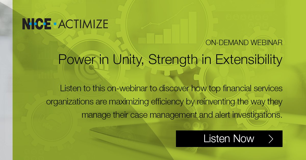 Lgt070809's tweet photo. Tune in to this #ondemandwebinar to hear industry experts share the distinctive and creative ways the world’s top financial services organizations are using ActOne Extend, NICE Actimize’s case management and alert investigation platform:
https://t.co/IJFVWxJ2vA
#fraud #fintech https://t.co/kyX37ROaAb