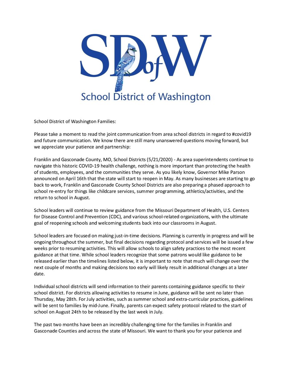 SDofWashington's tweet image. Letter From Franklin, Gasconade County School Districts. Click the link below for more details.
bit.ly/2LUuzW4