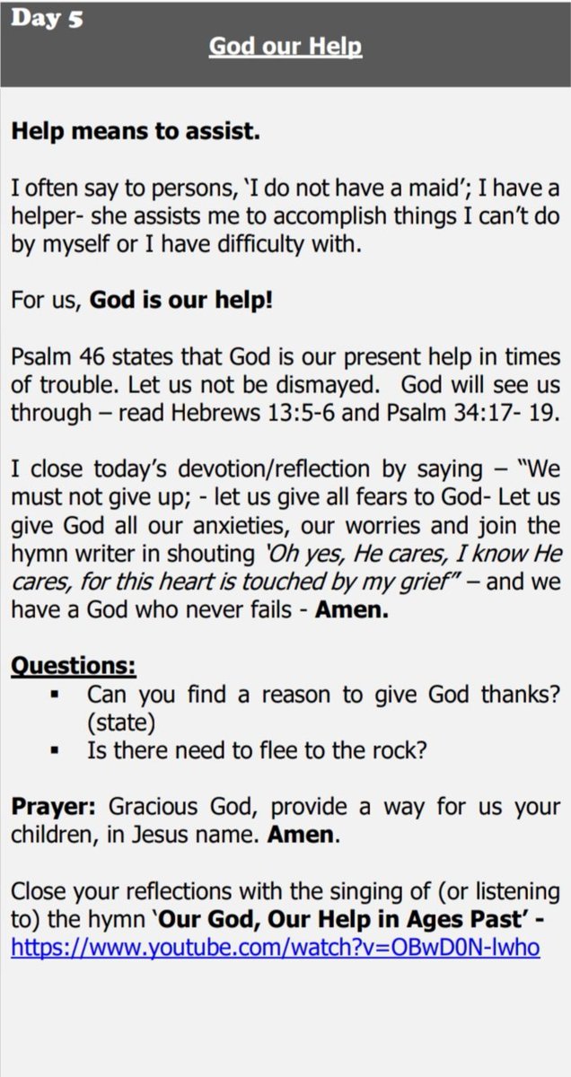 Day 5:

GOD IS OUR HELP!

As we close the week, let us turn to God who is our Help, and trust that we are able to overcome this season.
#ChainofPrayer #GodIsOurHelp #SpiritualFood