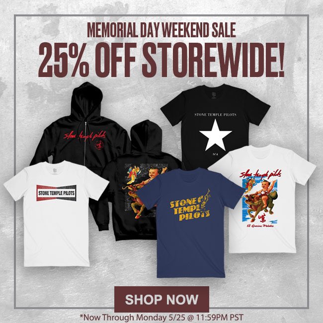 STPBand's tweet photo. The Memorial Day weekend sale is on! Get 25% off all weekend storewide. 
https://t.co/4Brgs4t4FW

#stonetemplepilots https://t.co/7YuAZaBnzg