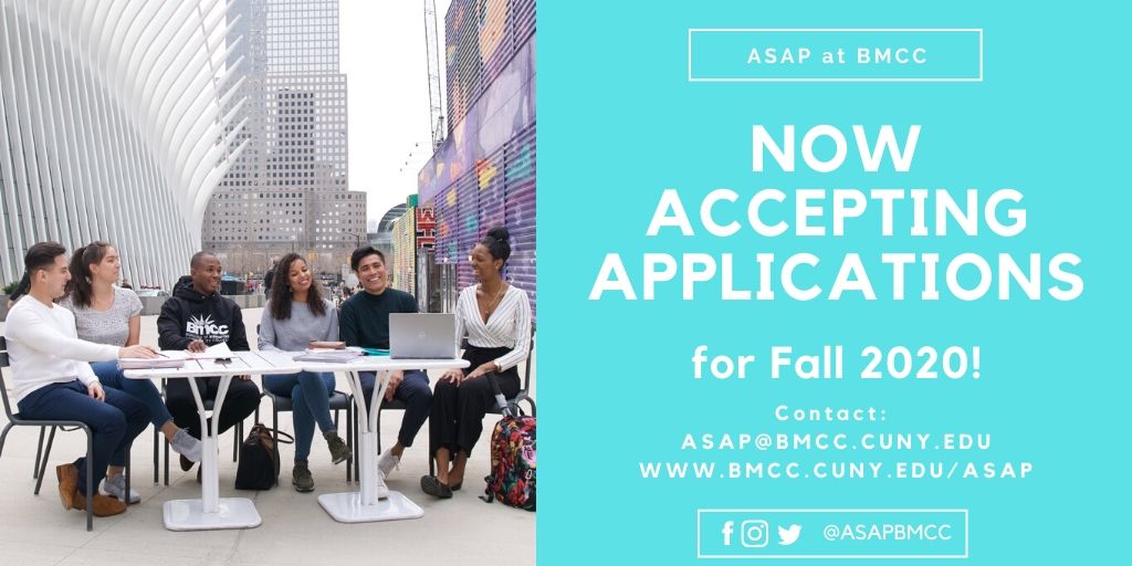 ASAPBMCC's tweet photo. ASAP at BMCC is accepting applications for Fall 2020
Visit https://t.co/7mP9YNT24K for more information and to apply today!
@bmcc_cuny @bmccadmissions @cunyasap
#bmcc #cuny #asap #bmccasap #student #college #studentlife #startheregoanywhere https://t.co/IzMjAmsvlf
