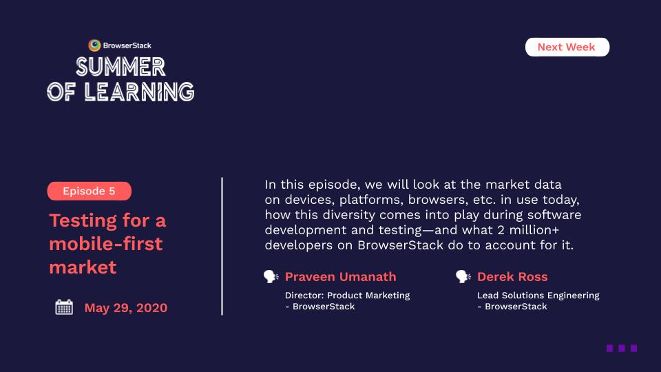 browserstack's tweet image. Join Praveen and @DevOpsDerekRoss next week for the season finale of #BrowserStackSummerofLearning as they discuss ideal test strategies across browsers and mobile devices. 
Save your spot here - bit.ly/34TxDe2
 #FragmentationTesting