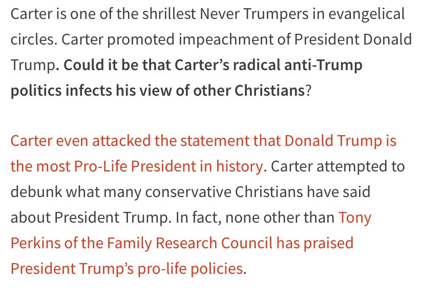 “Carter is one of the shrillest Never Trumpers in evangelical circles. Carter promoted impeachment of President Donald Trump. Could it be that Carter’s radical anti-Trump politics infects his view of other Christians?”