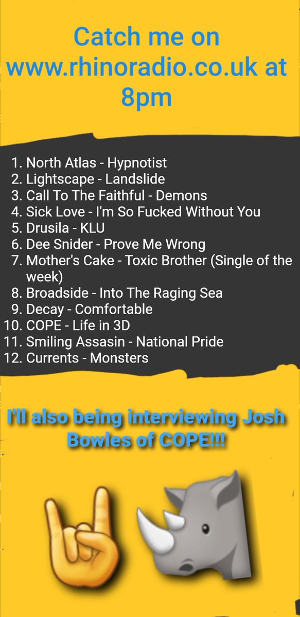 Join me on a musical adventure from 8pm on <a href="/RhinoRadio/">Rhino Radio</a> ft. an interview w/ <a href="/copetheband/">COPE</a> and new music from <a href="/MothersCake/">Mother's Cake</a> as my #singleoftheweek
Plus spins of <a href="/CTTFband/">Call to the Faithful</a> <a href="/WeAreLightscape/">LIGHTSCAPE</a> <a href="/DrusilaWeAre/">Drusila</a> <a href="/deesnider/">Dee Snider🇺🇸🎤</a> <a href="/Broadside_/">Broadside</a> <a href="/SMILINGASSASS1N/">Smiling Assassin</a> and more!!! 🤘🦏