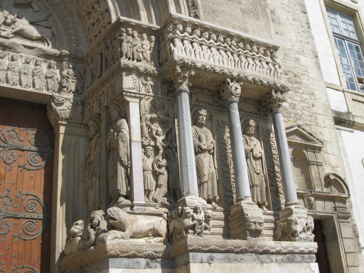 Arles' Church of St Trophime, where St Augustine of Canterbury was ordained bishop after he began his mission to the Angles - the current church is post 12th c and no longer a cathedral. Here is the entrance facade