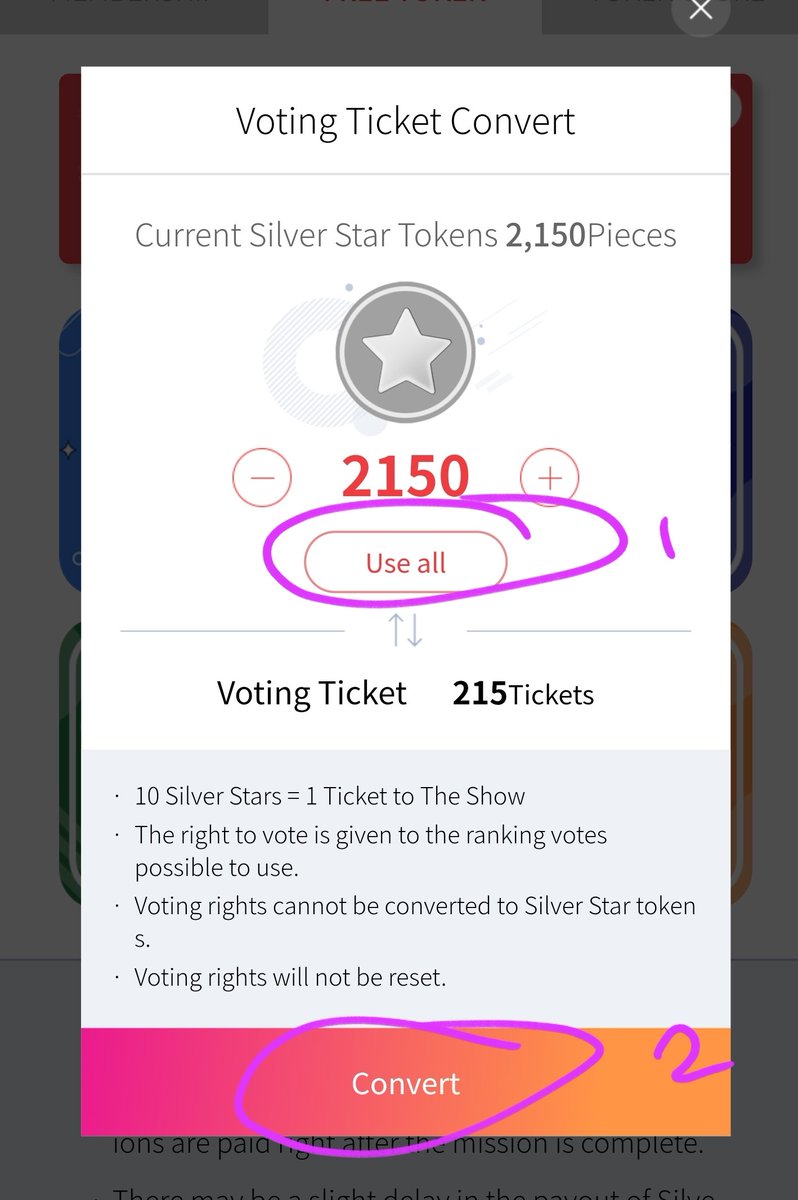 Once you've converted your gold tokens to silver tokens, click on the orange boc again to convert those tokens to tickets as well. Once you've converted all your tokens to tickets, you are now ready to vote!!