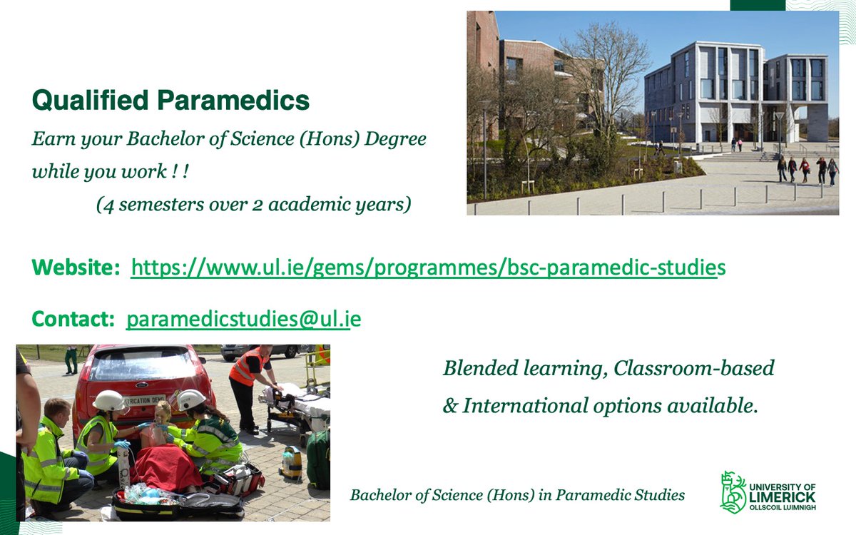 Shameless plug ! !  Please spread the word . . . . . . . <a href="/ParaStudiesUL/">Paramedic Studies</a> <a href="/UL/">University Of Limerick</a> <a href="/ulgems/">Shifat Ul Alam Gems</a> <a href="/ParamedicsNi/">CoP Northern Ireland Region</a> <a href="/NAEMT_/">Nat'l Assoc of EMTs</a> <a href="/ACParamedicine/">Australasian College of Paramedicine (ACP)</a> <a href="/SolisREMDoc/">SolisREMDoc</a> <a href="/DeclanTerry/">Declan Terry 🇮🇪 for 🇺🇦</a> <a href="/BrianHaskins5/">Brian Haskins</a> <a href="/BrogEsq/">James Brogan</a> <a href="/ParamedicsUK/">Royal College of Paramedics</a> <a href="/Para_Practice/">Paramedic Practice</a> 
Contact:  paramedicstudies@ul.ie
ul.ie/gems/programme…