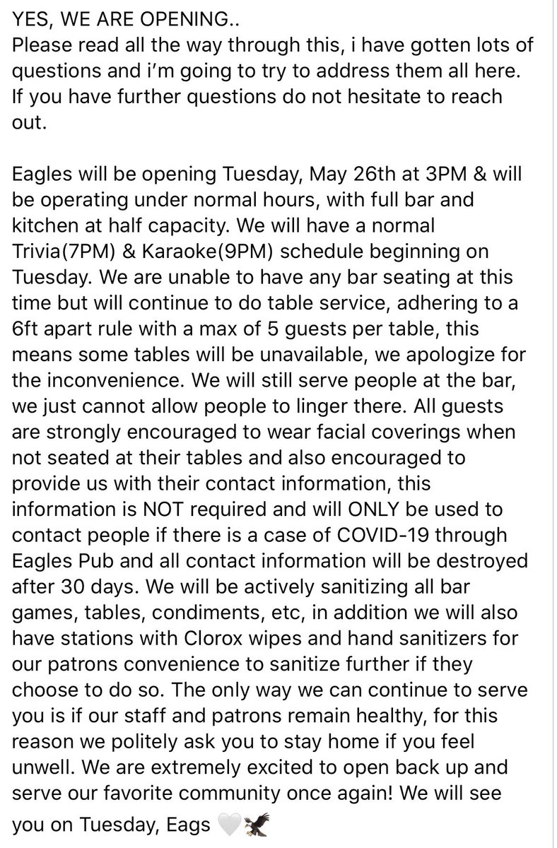 Who’s excited for Eagles to open?! 
Come join us THIS TUESDAY 5/26 for trivia, food, booze, and karaoke!! We cannot wait to see all of your beautiful faces 🍻❤️ 

Please read ALL THE WAY through our terms of re-opening so that we can keep everyone as safe and healthy as possible.