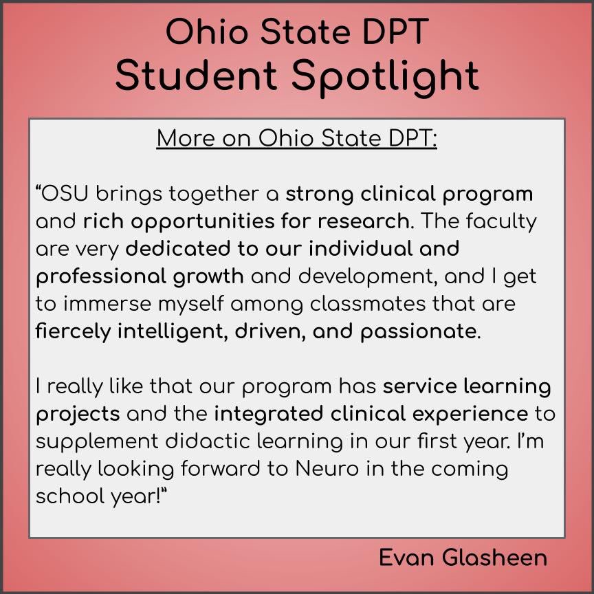 TheOhioStateDPT's tweet photo. Our next student spotlight is 2nd year DPT student Evan Glasheen! 🎉 Evan brings his unique experience and insight to [virtual] class, enhancing the learning of his fellow classmates. You can also find his published research work on Pub Med 📝👀 #osudpt https://t.co/Kq7ykTRYBF