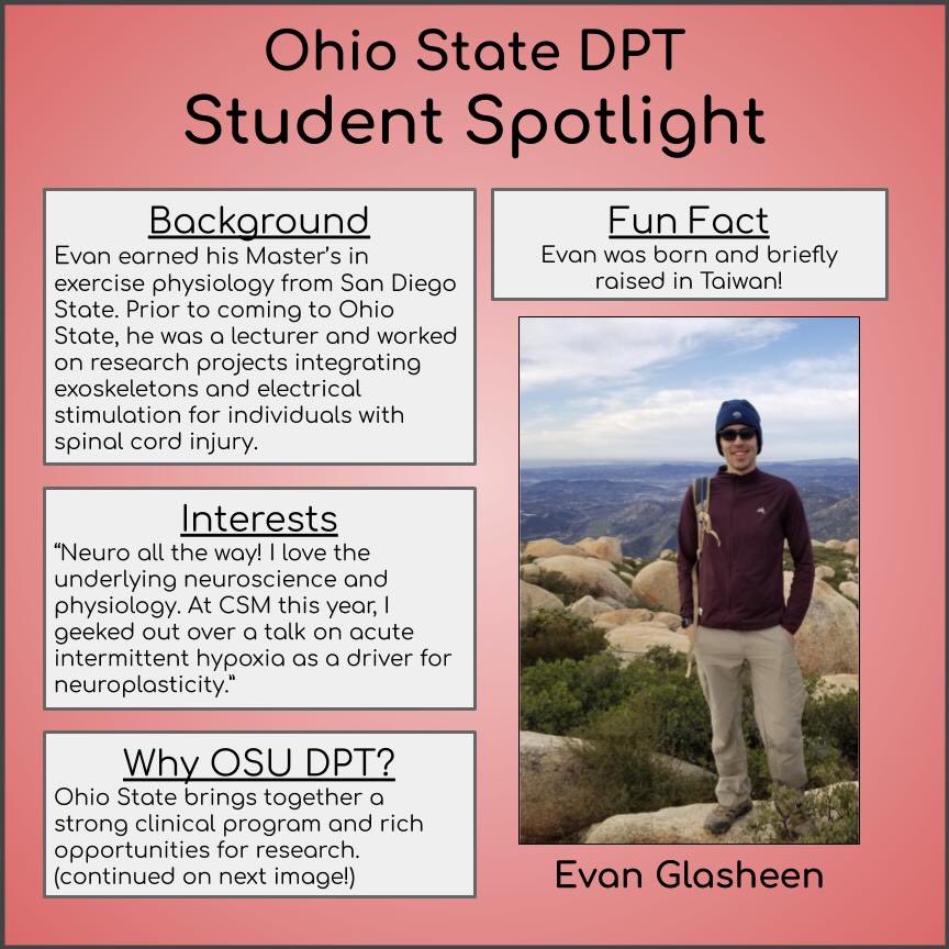 TheOhioStateDPT's tweet photo. Our next student spotlight is 2nd year DPT student Evan Glasheen! 🎉 Evan brings his unique experience and insight to [virtual] class, enhancing the learning of his fellow classmates. You can also find his published research work on Pub Med 📝👀 #osudpt https://t.co/Kq7ykTRYBF