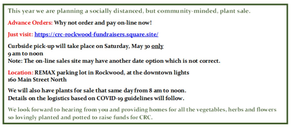 For curbside pick-up visit:
crc-rockwood-fundraisers.square.site
and order your plants.
Pick-up Saturday, May 30, 9-noon at Remax Rockwood

Share, R/T, Tell everyone!

#stopHQ