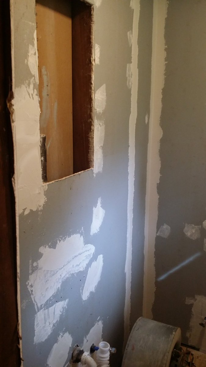 Well the bath is progressing.Had to scrape the other walls and ceiling as well since either paint or paper was not adhering to the gypsum substrate as needed. So a coat of primer and now the first of the mud work. I'd love to have this done this weekend but time will tell.