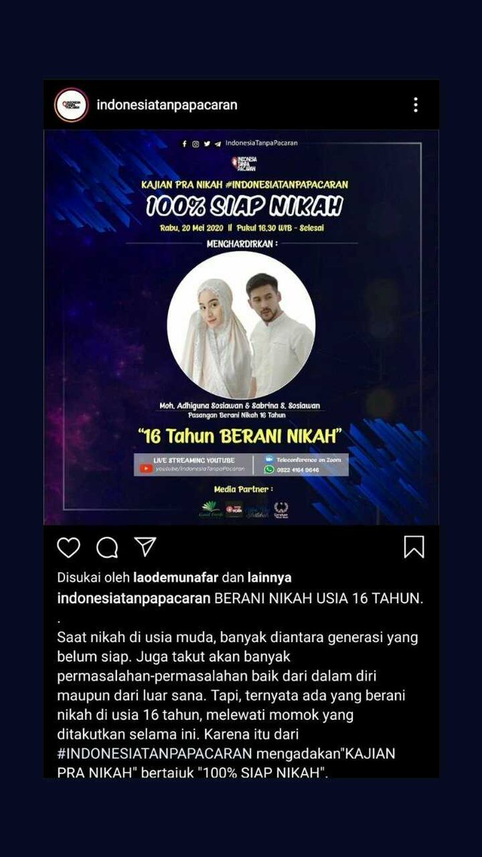 Ohhh jadi kalo nikah umur 16 tahun udah langsung bisa dipercaya ngisi kajian PRA NIKAH??? Berani ngisi kajian pra nikah brarti udah paham FIQIH sampe ke akar2nya dong? Nikah bukan cuma perkara siap harta ,siap rasa dan siap hati.