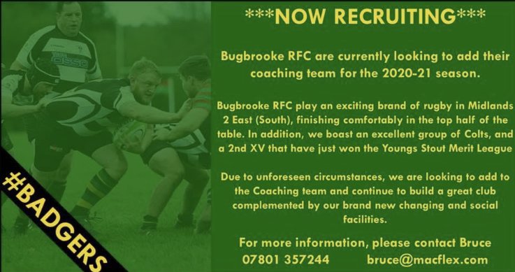 Bugbrooke RFC (ENG) are recruiting a new coach for next season, contact and application details at the picture. 

#rugbyvacancies #rugby #coach