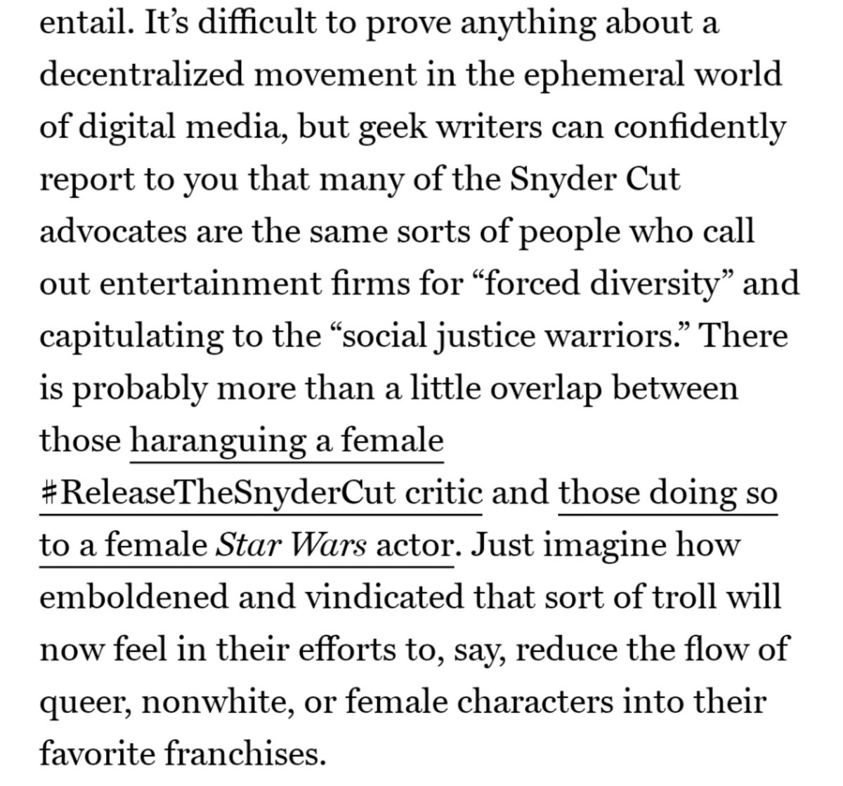 So many of the folks I follow on here who wanted Zack Snyder's Justice League released identify as queer, or are POC, or consider themselves progressives (or some combination of the three). To reduce us to same the gamergate bros we actively fight against is beyond infuriating.