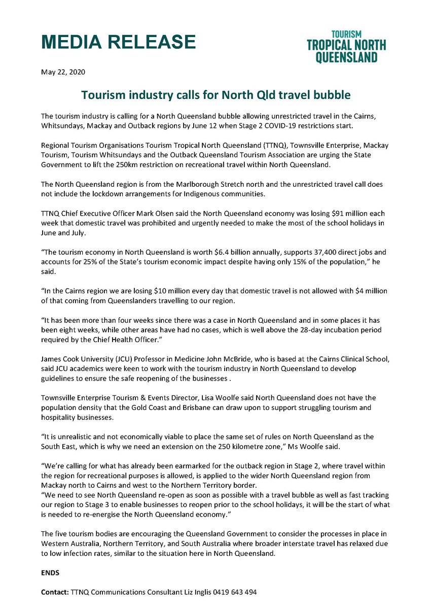 Advance Cairns is supportive of the initiative launched today to unlock travel across Northern Queensland by June 12. While the “North Queensland travel bubble” is tourism-led, the benefits go well beyond a single industry sector advancecairns.com/wp-content/upl… #covidrecovery