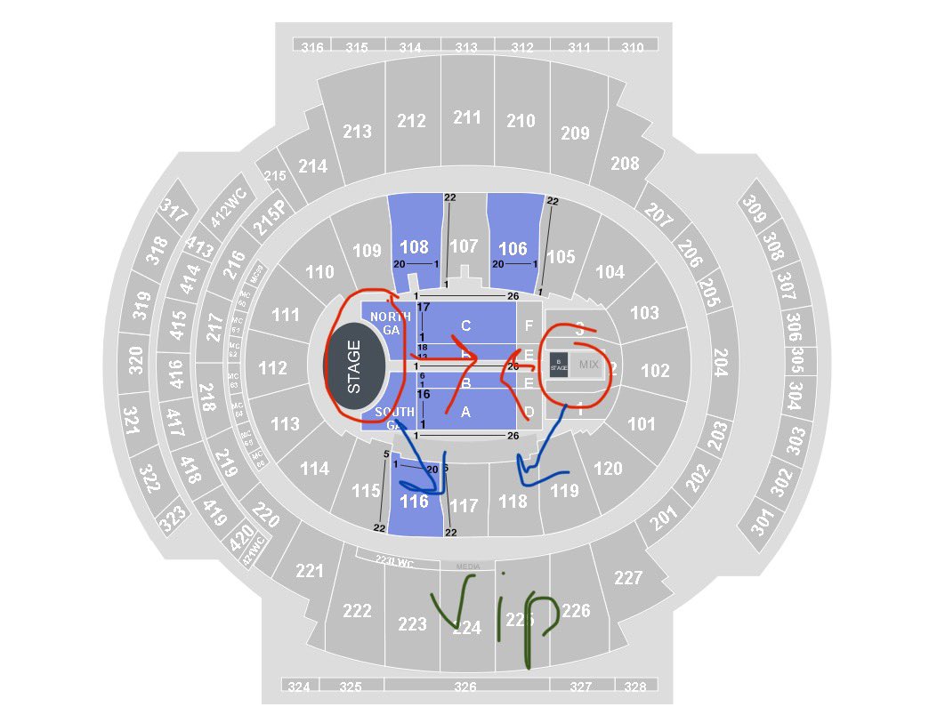 And I came to the conclusion that the VIP box was located at the right of MS. On this map you can see MS and B stage.The red arrows are the positions to face the crowd.The blue arrows are how to face the VIP box.On MS he needs to look at his right,on BS he needs to look left