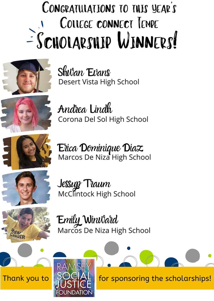 ArredondoSavage's tweet photo. Congratulations to our Tempe College Connect Scholars. Each scholarship winner will receive $1,000 towards the cost of attending college.
Thank you for the generous donations from Ramsey Social Justice Foundation and Jenny Lloyd Norton.
#CollegeConnectTempe #TempeTogether https://t.co/Fsgu2A0zHH