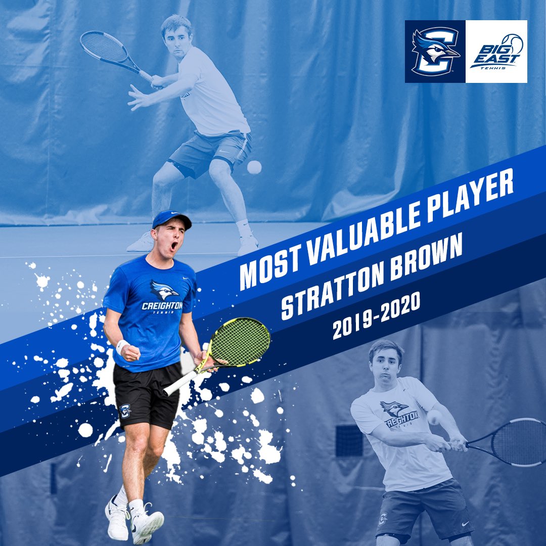 creightontennis's tweet photo. Team Awards🏆
Most Valuable Player: Stratton Brown

While holding down the #2 spot, Stratton won 9 singles matches, including 4 of 6 to end the dual match season. He teamed with Joe Hoff to lead the team with 8 dual doubles victories at the #2 position. Congrats StrattyB! #GoJays https://t.co/z3C2z3ySKS