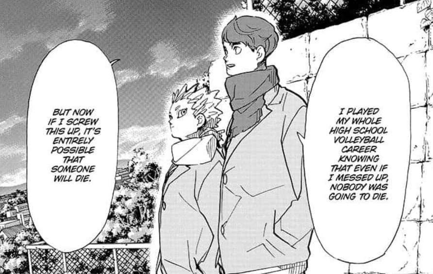 as ch 393, it shows hoshiumi and hirugami back at the place their friendship started and where hoshiumi imparts his live-saving advice to hirugami. though hoshiumi isn't speaking, it's clear he and hirugami are discussing their futures... what tomorrow will bring for them +