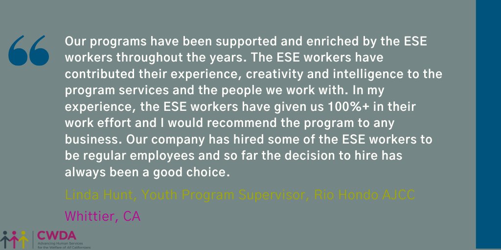 CWDA_CA's tweet photo. Expanded Subsidized Employment is a proven launchpad into the workforce for Californians transitioning off CalWORKs — an important support for the families with children struggling the most right now. #ESEWorksforCA #CABudget #MayRevise @LACo_DPSS https://t.co/Jd03Y0REAc