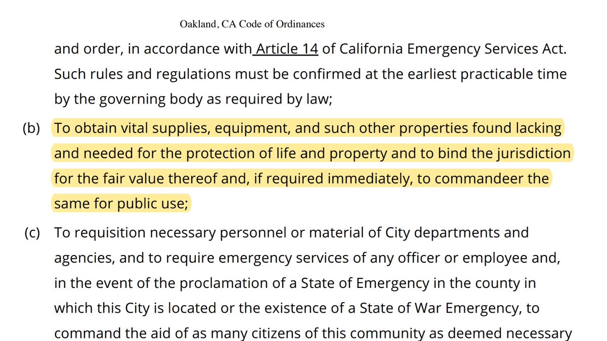 "City Administrator, as the EOC Director, is hereby empowered: To obtain vital supplies, equipment, and such other properties found lacking and needed for the protection of life and property... to commandeer the same for public use" …https://d5935193-09b4-4849-ba30-cb49f200cad3.filesusr.com/ugd/a2f81c_d85a2c77ab284485acc392caaf6d89ad.pdf (pdf)