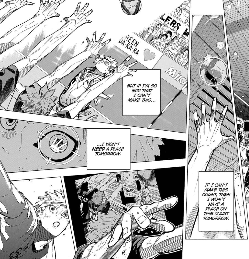 the contrast between these two pages: "i have to score." was a mentality that hirugami likened to "shackles" for a long time. but isn't that the same mentality that hoshiumi has in ch 393 where he says "there's no place in the world tomorrow if i don't make this?" +