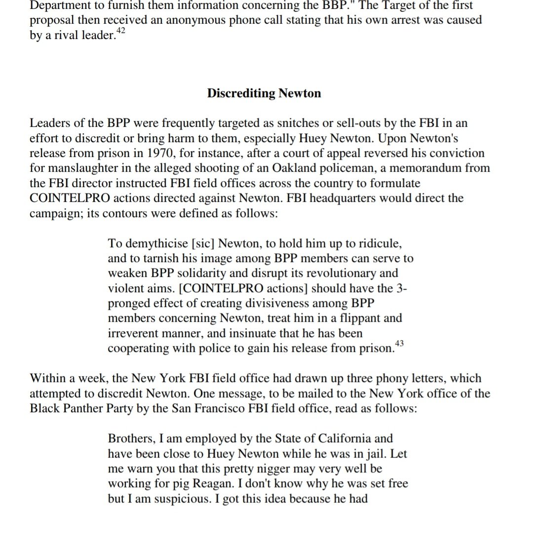 FBI memo on why they should discredit Huey Newton:"To demythicise Newton, to hold him up to ridicule, and to tarnish his image among BPP members can serve to weaken BPP solidarity and disrupt its revolutionary and violent aims."