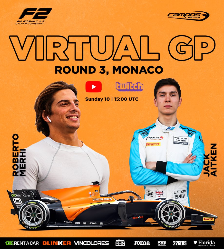 CamposRacing's tweet photo. Fin de semana de GP virtual. Esta vez en Mónaco 🔝!
Con @JaitkenRacer y @robertomerhi desde sus simuladores 💪!
Nos vemos a las 17:00 GMT+2
—
3rd round of the @FIA_F2 Virtual GP’s at Monaco 🔝!
With Teto and Jack driving for our team 💪!
See you at 17:00 UTC+2!
.
.
#RaceAtHome https://t.co/19F63In8Uf