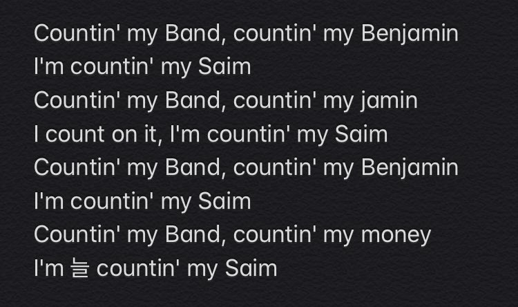the chorus starts and it’s almost completely in english, he counts his band (could refer to money but also his friends, his people) also saim which is a symbol for him making it big while he came from nothing (saim saim explains it perfectly) all in all highlighting his success