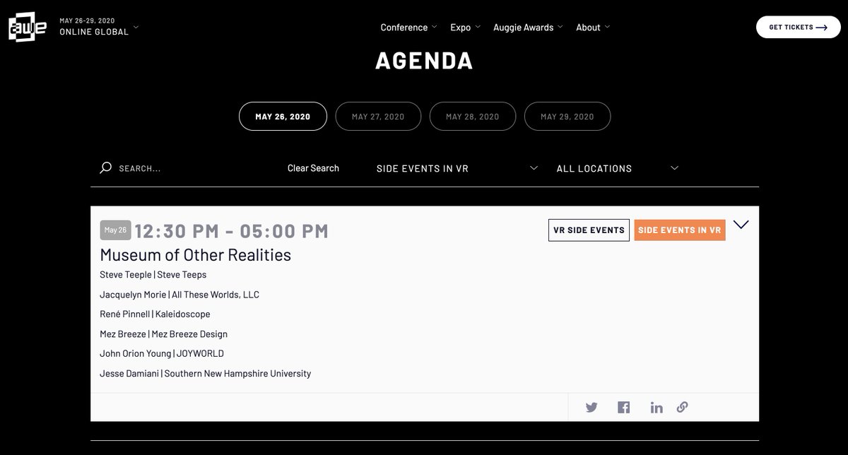 To keep it simple, all AWE sessions in  @MuseumOR appear as one listing. The agenda appears once you click inside.For ease, I'm including links below. Be sure to share!DAY 1:  https://www.awexr.com/usa-2020/agenda/1856-museum-of-other-realitiesDAY 2:  https://www.awexr.com/usa-2020/agenda/1857-museum-of-other-realitiesDAY 3:  https://www.awexr.com/usa-2020/agenda/1858-museum-of-other-realities