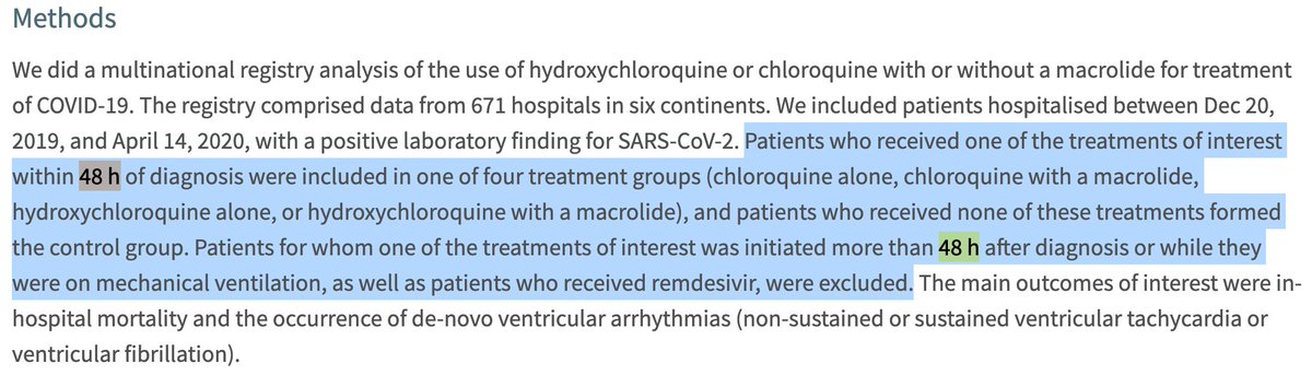 Nope! Wrong take,  @ZwyerAlex &  @Rand_Simberg. The study only included patients that received hydroxychloroquine/chloroquine within 48 hours of diagnosis. It excluded ones that started the drugs after being put on ventilators. These were early patients. https://www.thelancet.com/journals/lancet/article/PIIS0140-6736(20)31180-6/fulltext