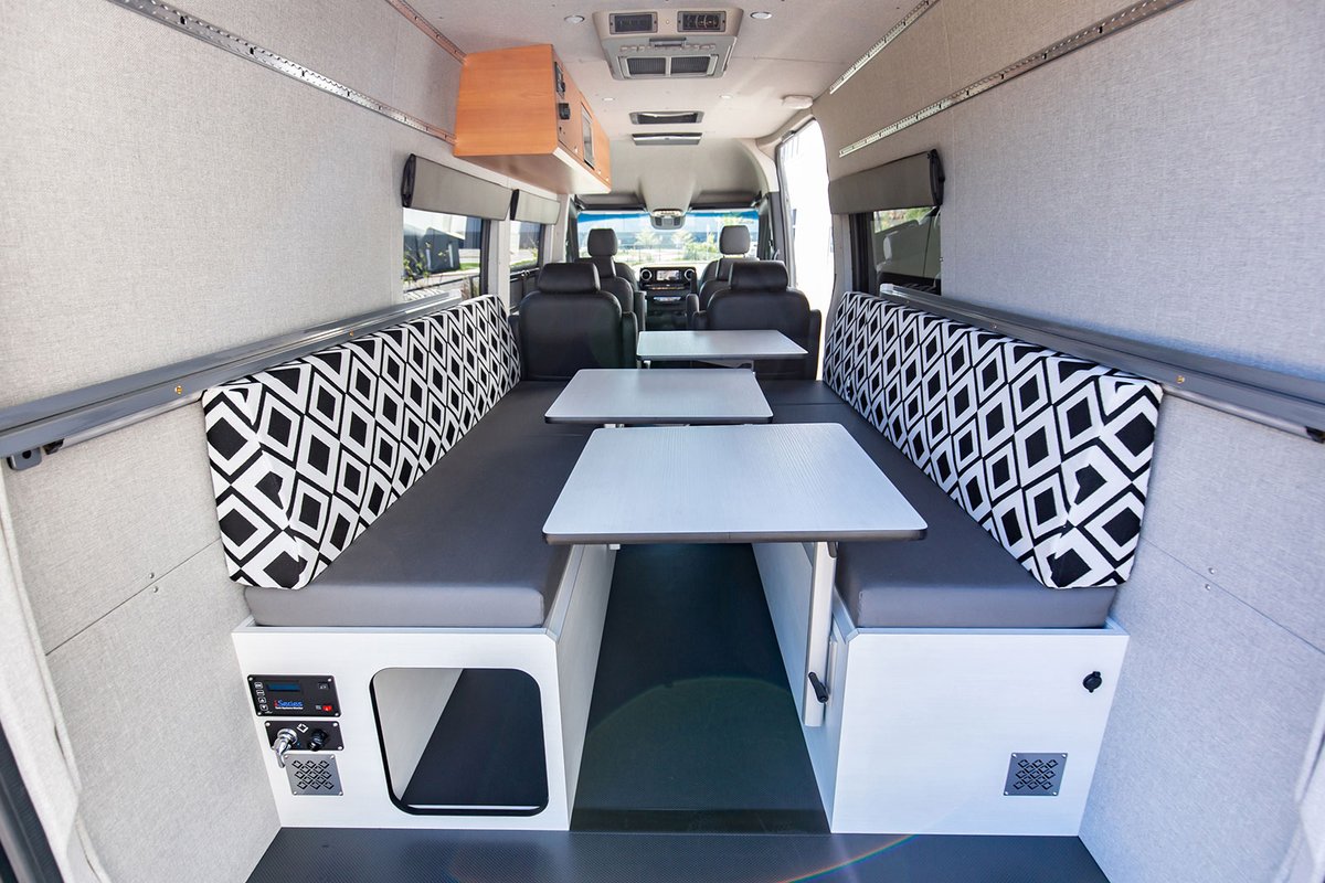 Outsidevan's tweet photo. Alpine Palace is the latest Outside Van to hit the road with its new family. With seating and sleeping for up to 6, a bench seat area with tables that doubles as a sleeping platform, and more, his van is ready for some serious road trips and off-grid camping. #outsidevan #custom https://t.co/NA1B6ivvdr