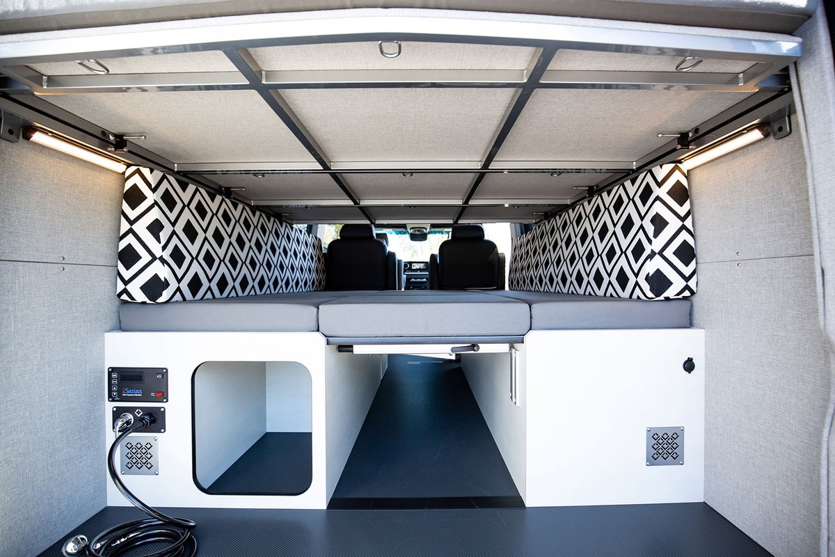 Outsidevan's tweet photo. Alpine Palace is the latest Outside Van to hit the road with its new family. With seating and sleeping for up to 6, a bench seat area with tables that doubles as a sleeping platform, and more, his van is ready for some serious road trips and off-grid camping. #outsidevan #custom https://t.co/NA1B6ivvdr