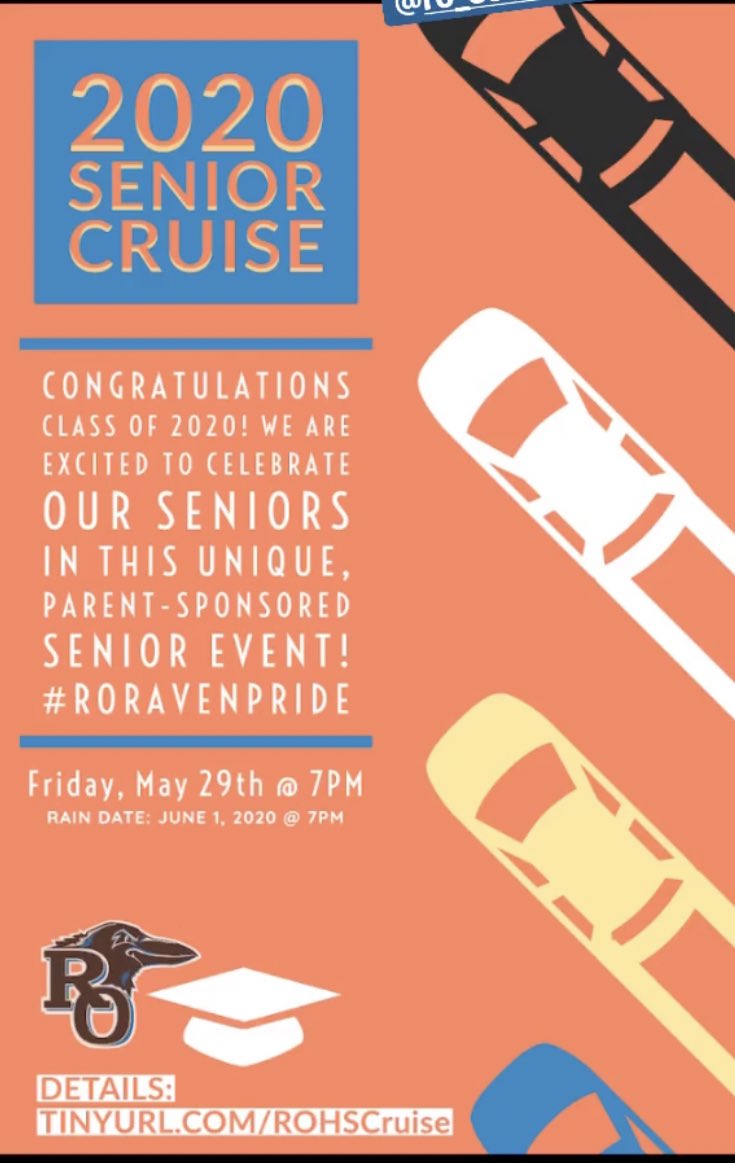 RavensNest24's tweet photo. The 2020 senior cruise will be held Friday, May 29th @ 7pm. For more information about the route, search the link provided in the flyer! OR click here 👉🏻 https://t.co/0OhaRgDdXp https://t.co/7HCVuxdGHd