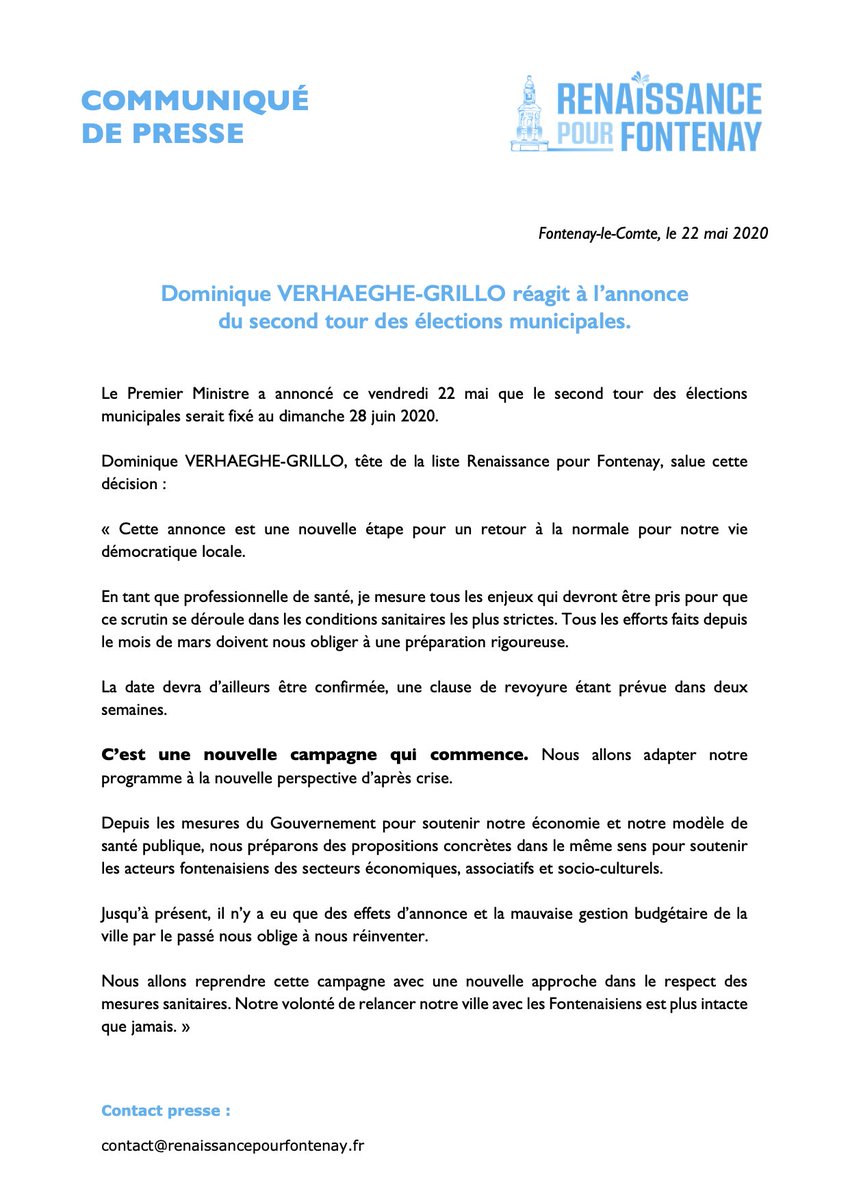 RenaissanceFLC's tweet photo. Dominique VERHAEGHE-GRILLO et l'ensemble de son équipe réagissent suite aux annonces du Premier Ministre d'organiser le second tour des élections municipales le 28 juin prochain. ⤵️ https://t.co/6EMQmsgdIi