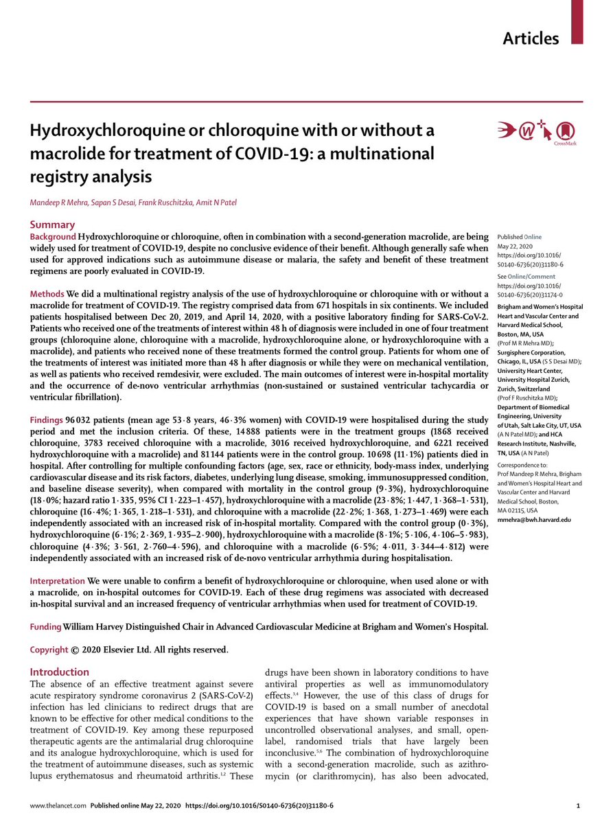 Beaucoup vont éplucher la grosse étude observationnelle qui vient de sortir dans le  @TheLancet sur 96.032  #COVID19 dont 14.888 traités avec l’ #hydroxychroloquine ou la Chloroquine ±  #azithromycineL’étude est ici et c’est terrible...  https://www.thelancet.com/journals/lancet/article/PIIS0140-6736(20)31180-6/fulltext?utm_campaign=tlcoronavirus20&utm_source=twitter&utm_medium=social