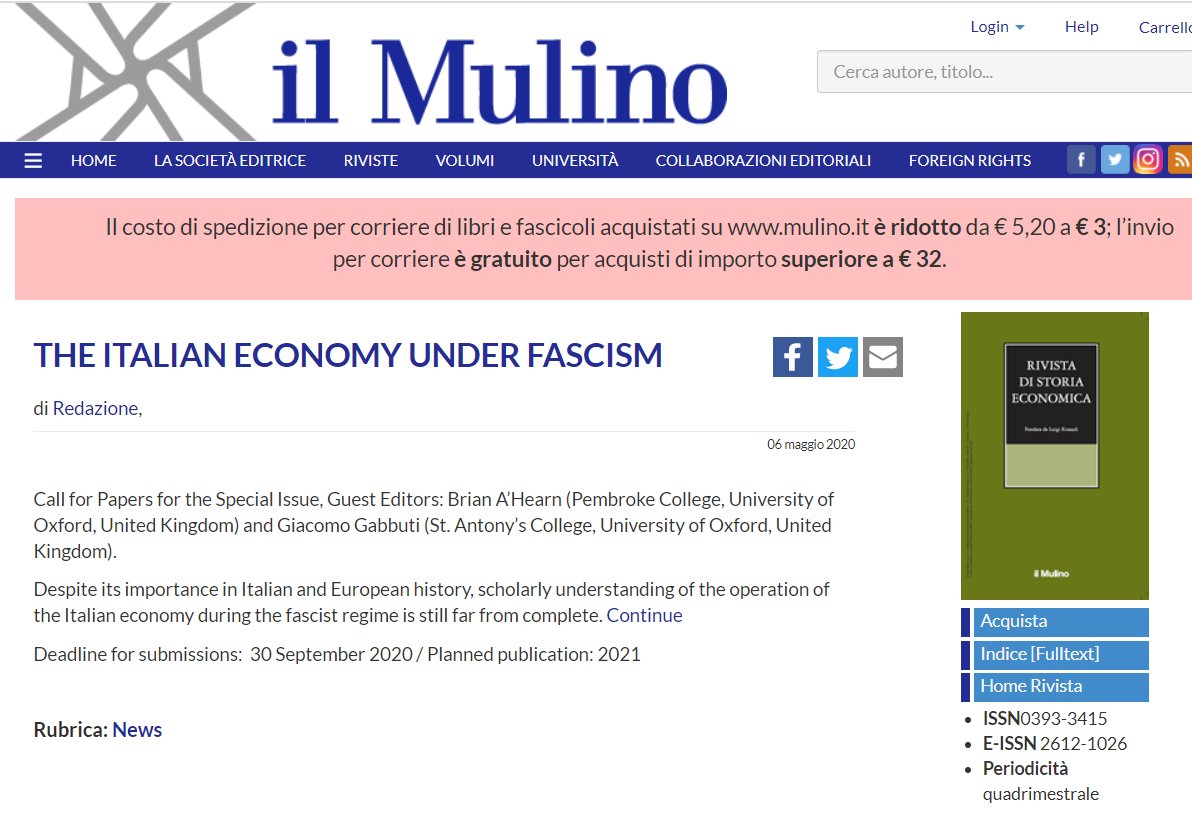 #CFP alert for a Special Issue of the glorious Rivista di Storia Economica dedicated (guess what?) to the Italian economy under #fascism. All details here: mulino.it/riviste/a/issn…
Feel free to share!
 #twitterstorians #econhis #econhist