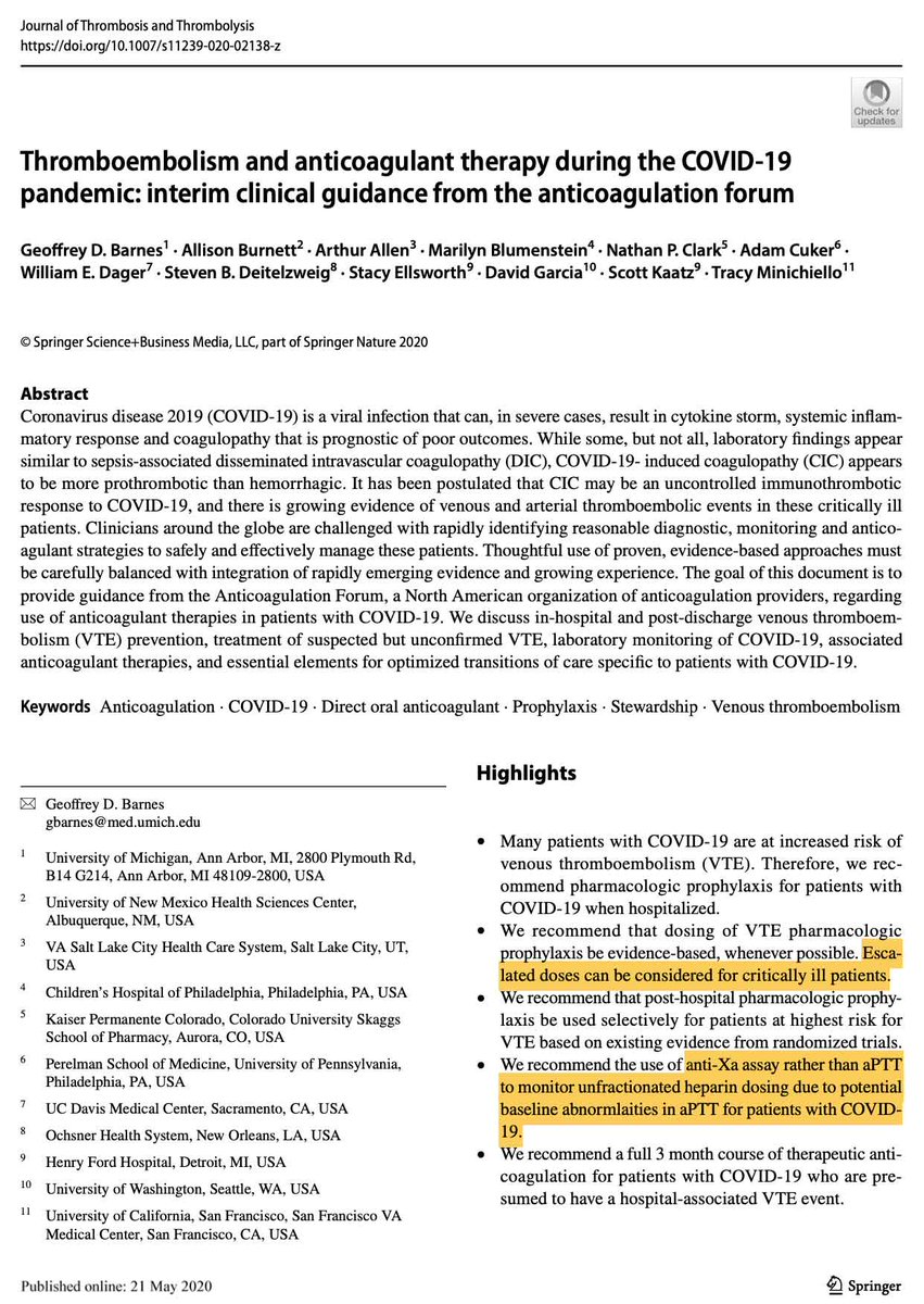 PulmCrit's tweet photo. perhaps best anticoagulant guideline for COVID-19 just published. will explore anticoag pharmacology on the blog &amp; IBCC soon (spoiler alert: 0.5 mg/kg enoxaparin BID for prophy in critically ill maybe isn't "high-dose" - arguably *right* dose)
(paper: https://t.co/CBwbCuvkYa) https://t.co/aRLjYFzPTc