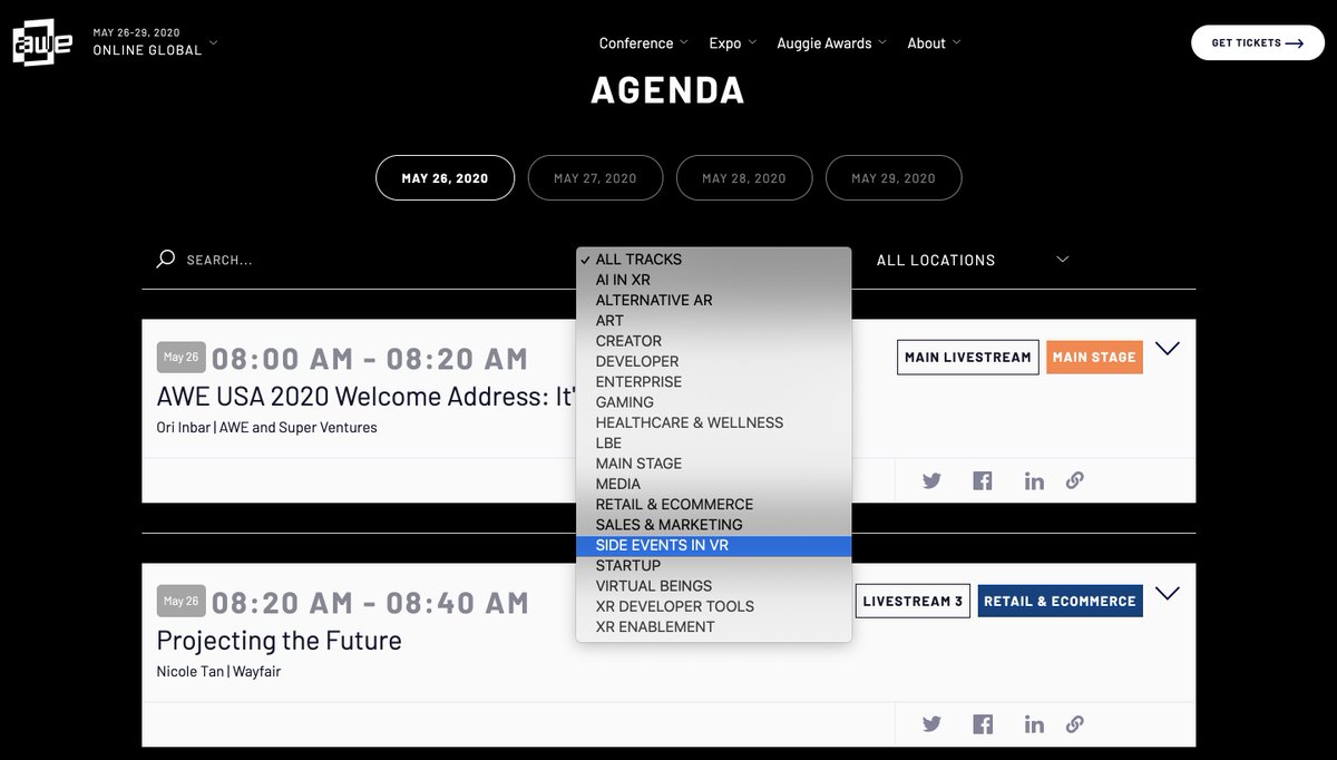 To find the Immersive Arts Symposium on your  @ARealityEvent agenda, navigate to  https://www.awexr.com/usa-2020/agenda Then select the "Side Events in VR" track for each respective day.