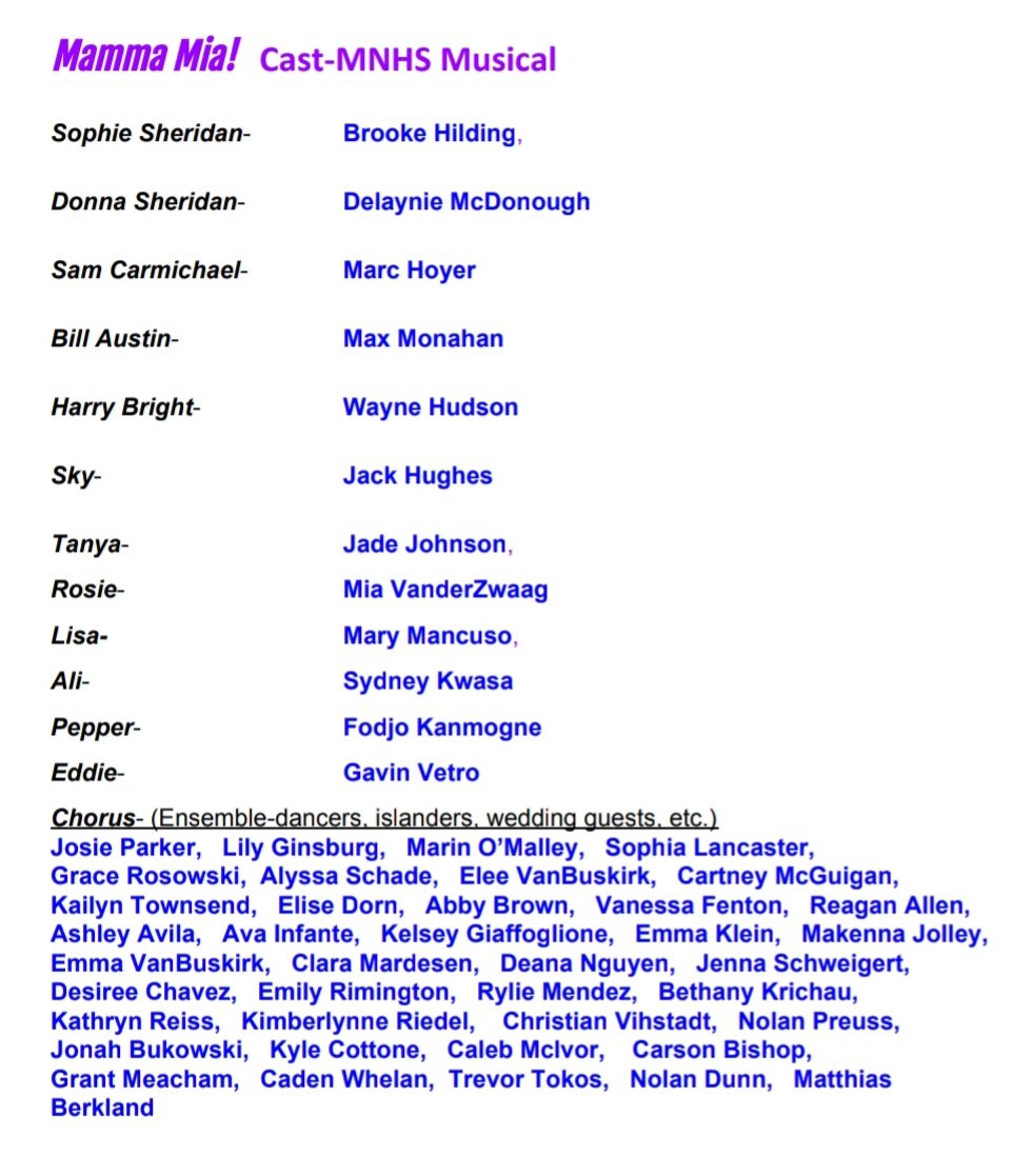 Congrats to the cast of Millard North's upcoming musical "Mamma Mia!" Please consult the information on our Google Classroom. <a href="/MillardNorthHS/">Millard North HS</a> <a href="/MNHSActivities/">MNHS Activities</a>